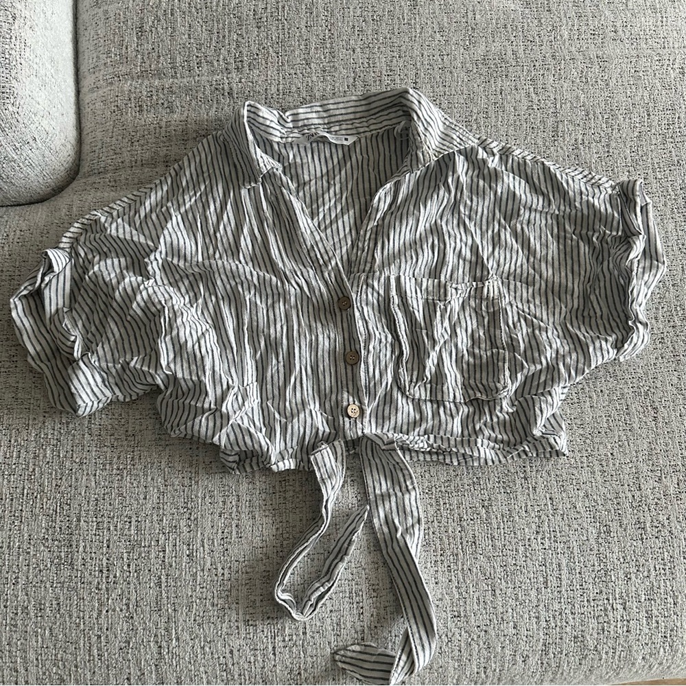 Zara Striped Tie-Front Crop Top with tie knot waist detail XS